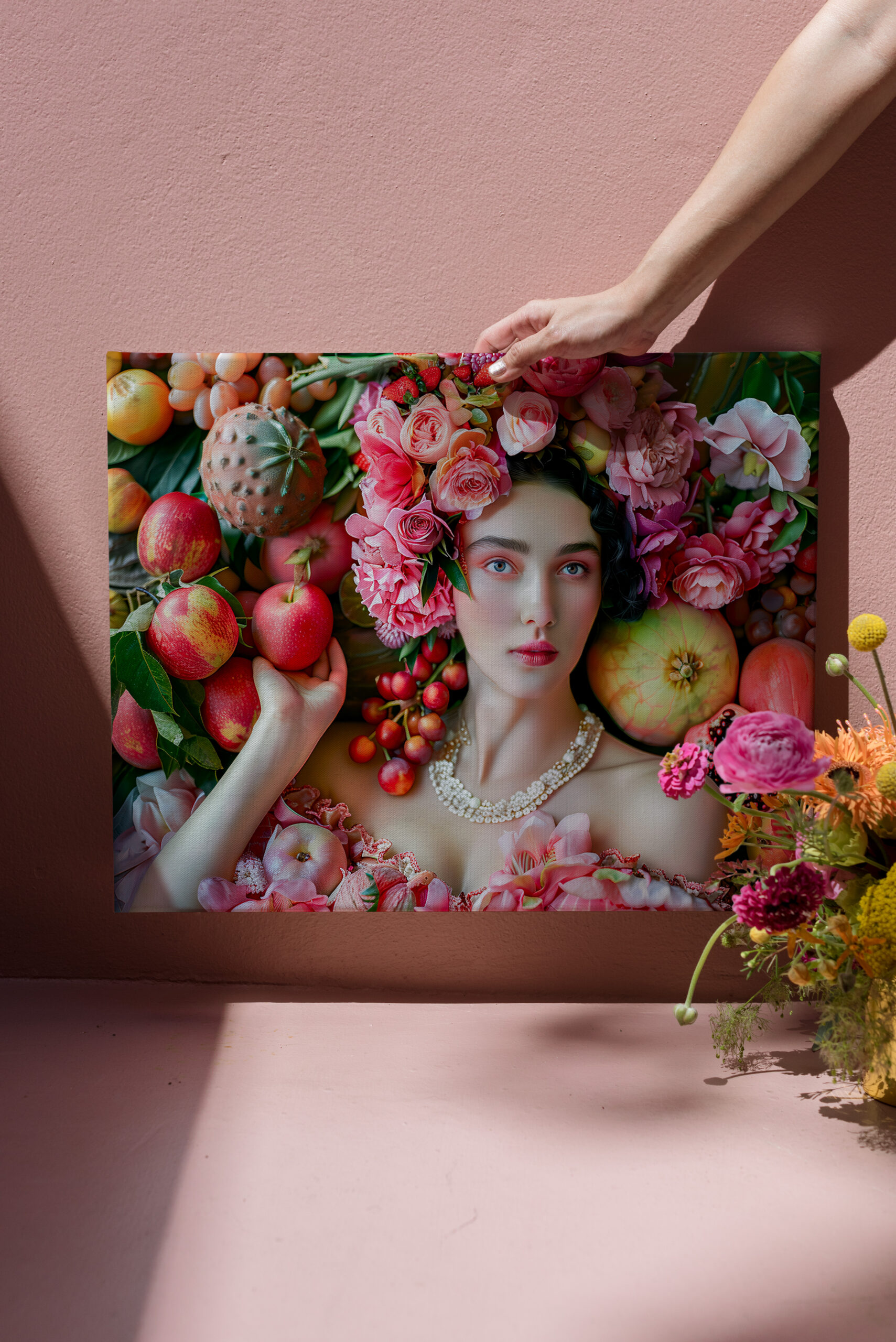 raxxa Canva: Woman in floral dress with fruit display - Imagen 3