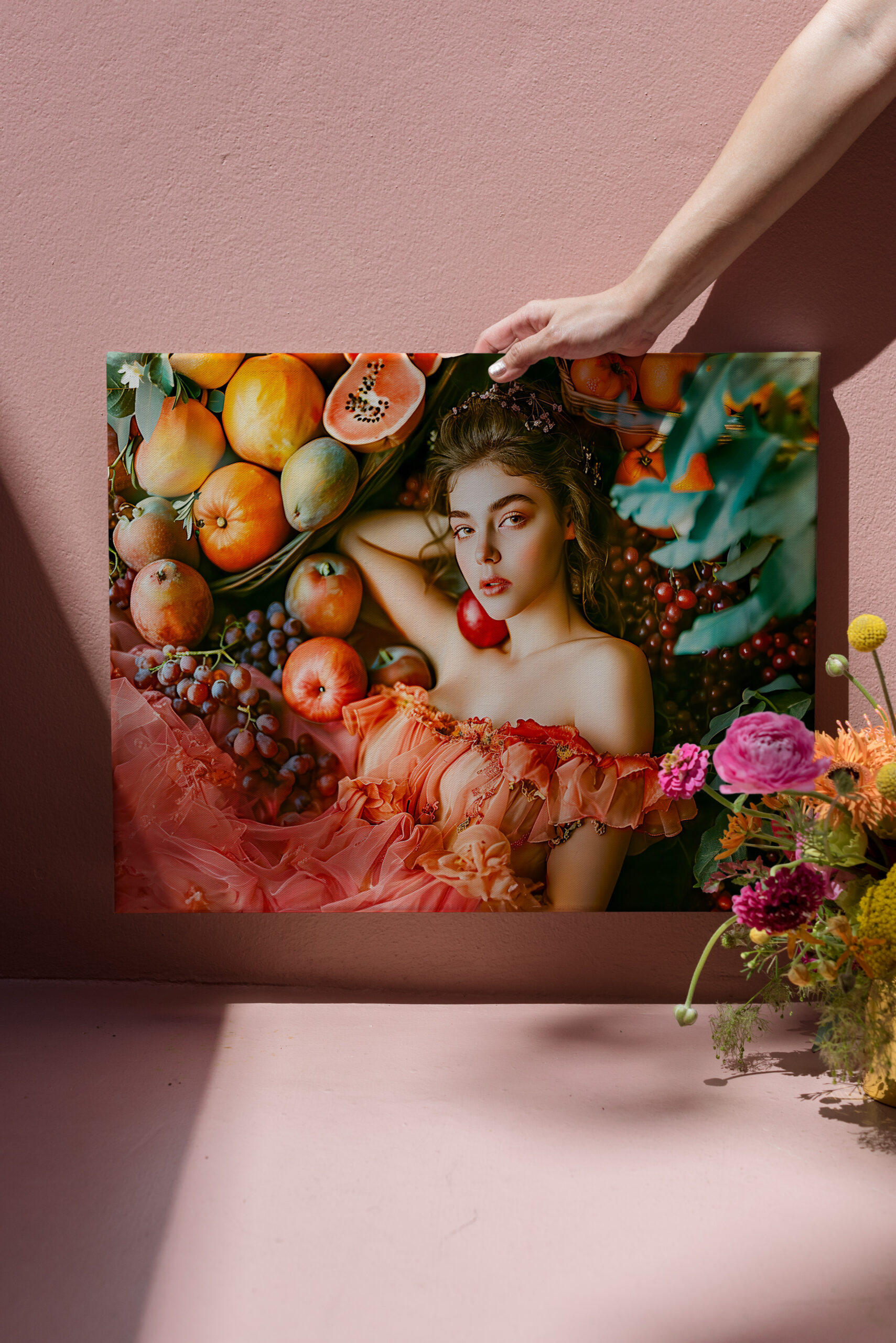 raxxa Canva: Woman with fruits and flowers portrait style