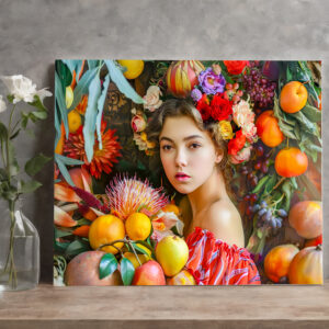 raxxa Canva: Woman with mixed fruits and floral decor