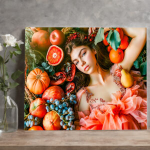 raxxa Canva: Woman reclining among fruits and petals