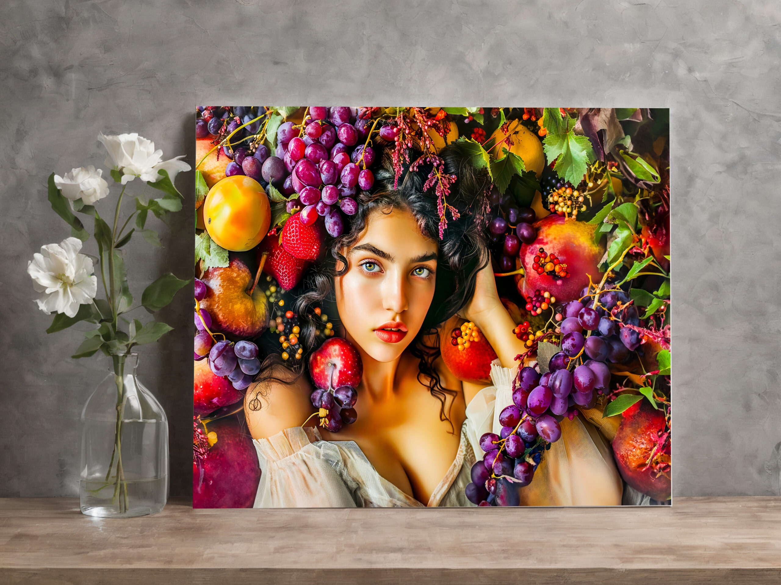 raxxa Canva: Elegant woman with pomegranate grapes and floral crown