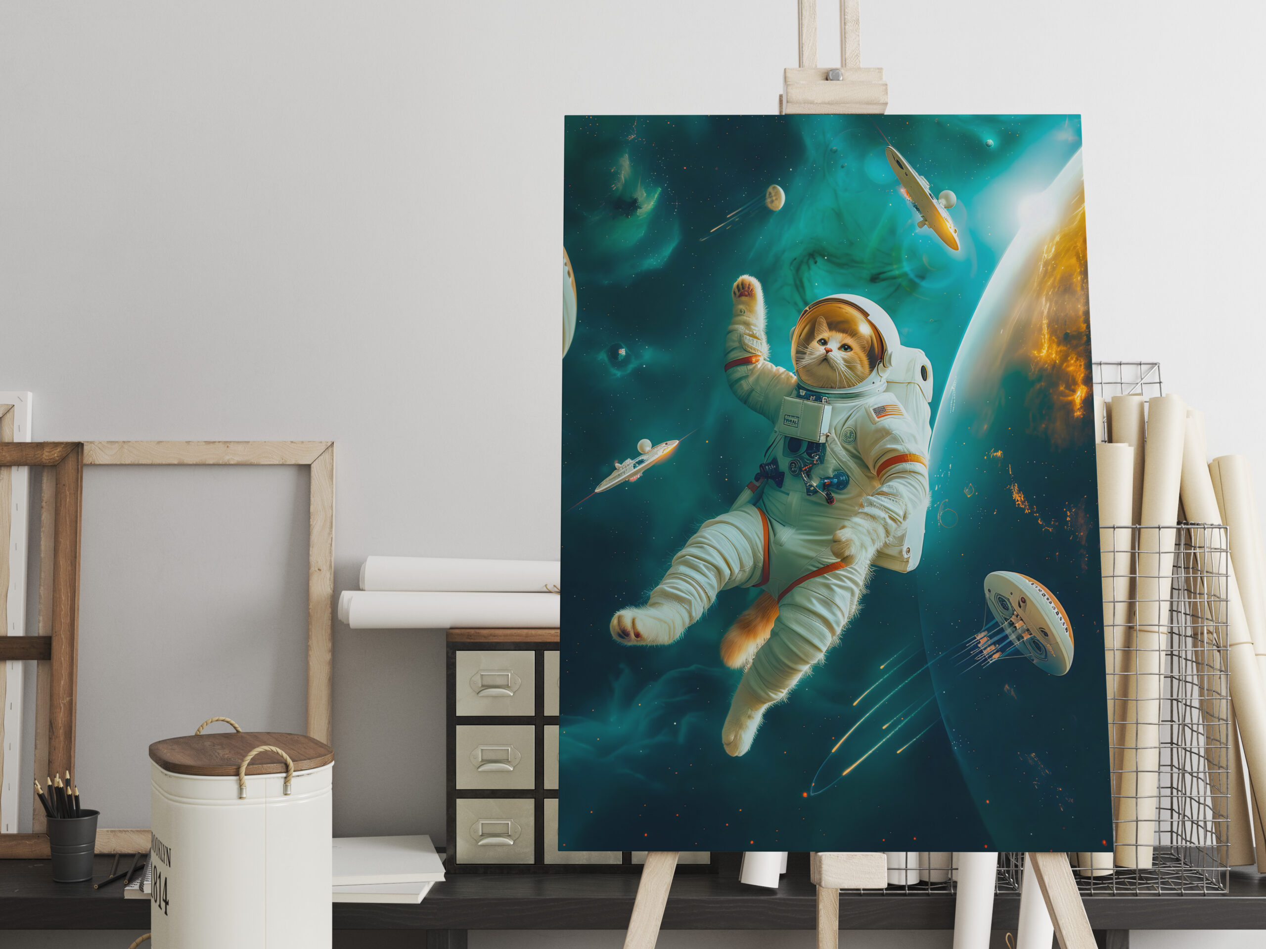 raxxa Canva: Orange cat floating in space with debris