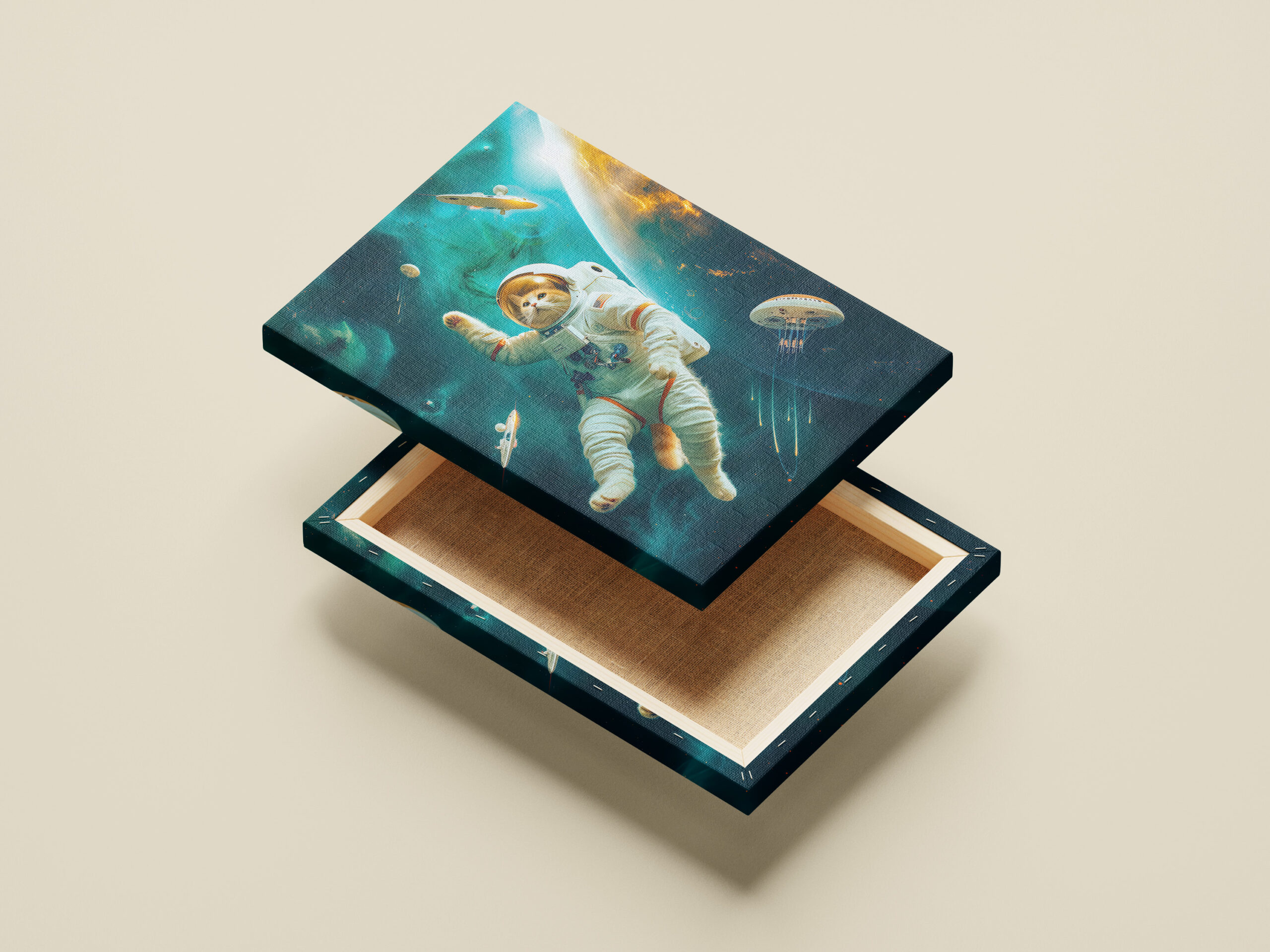 raxxa Canva: Orange cat floating in space with debris – Image 2