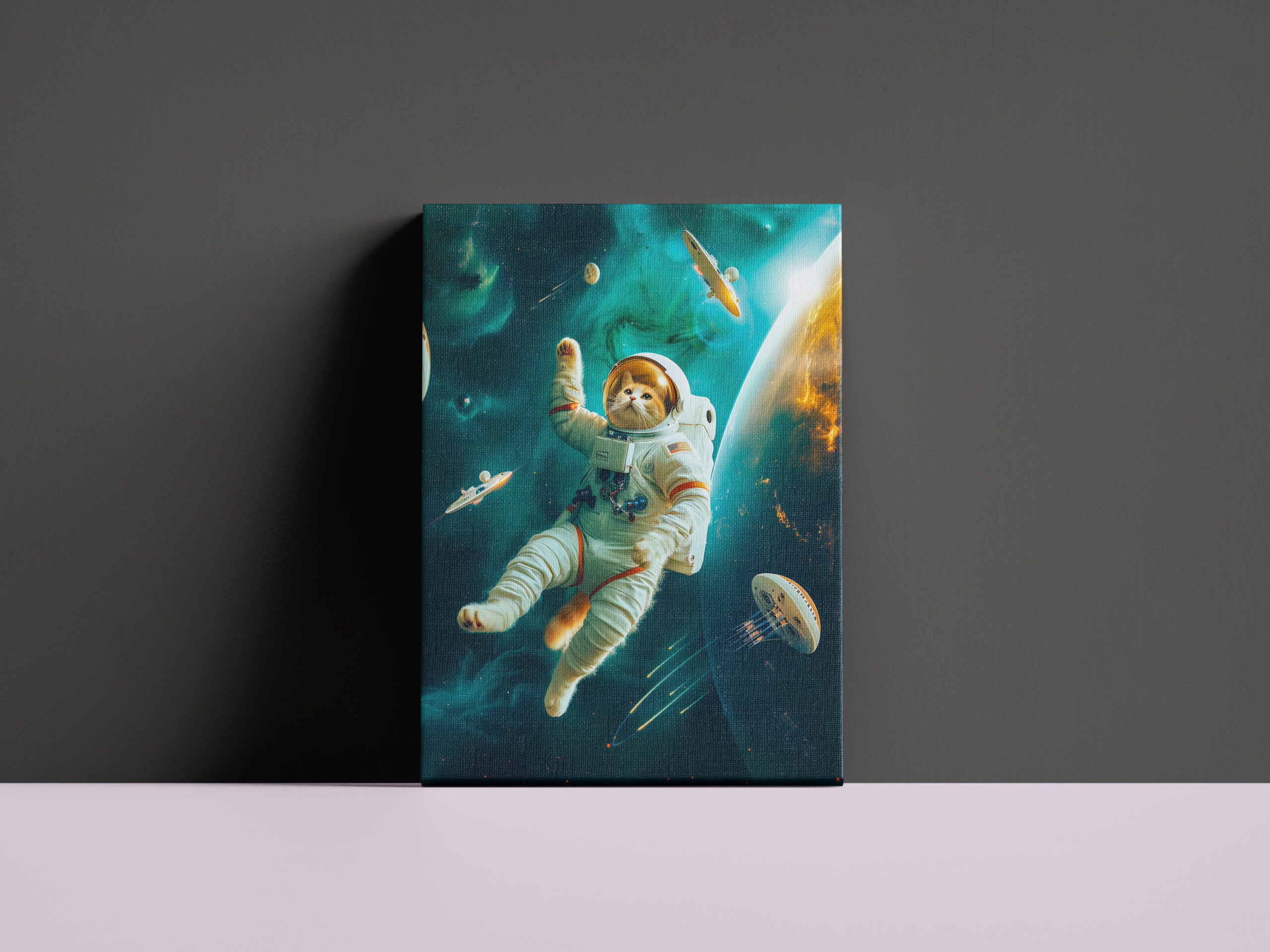 raxxa Canva: Orange cat floating in space with debris – Image 3