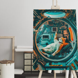 raxxa Canva: Orange and white cat in spacecraft cockpit