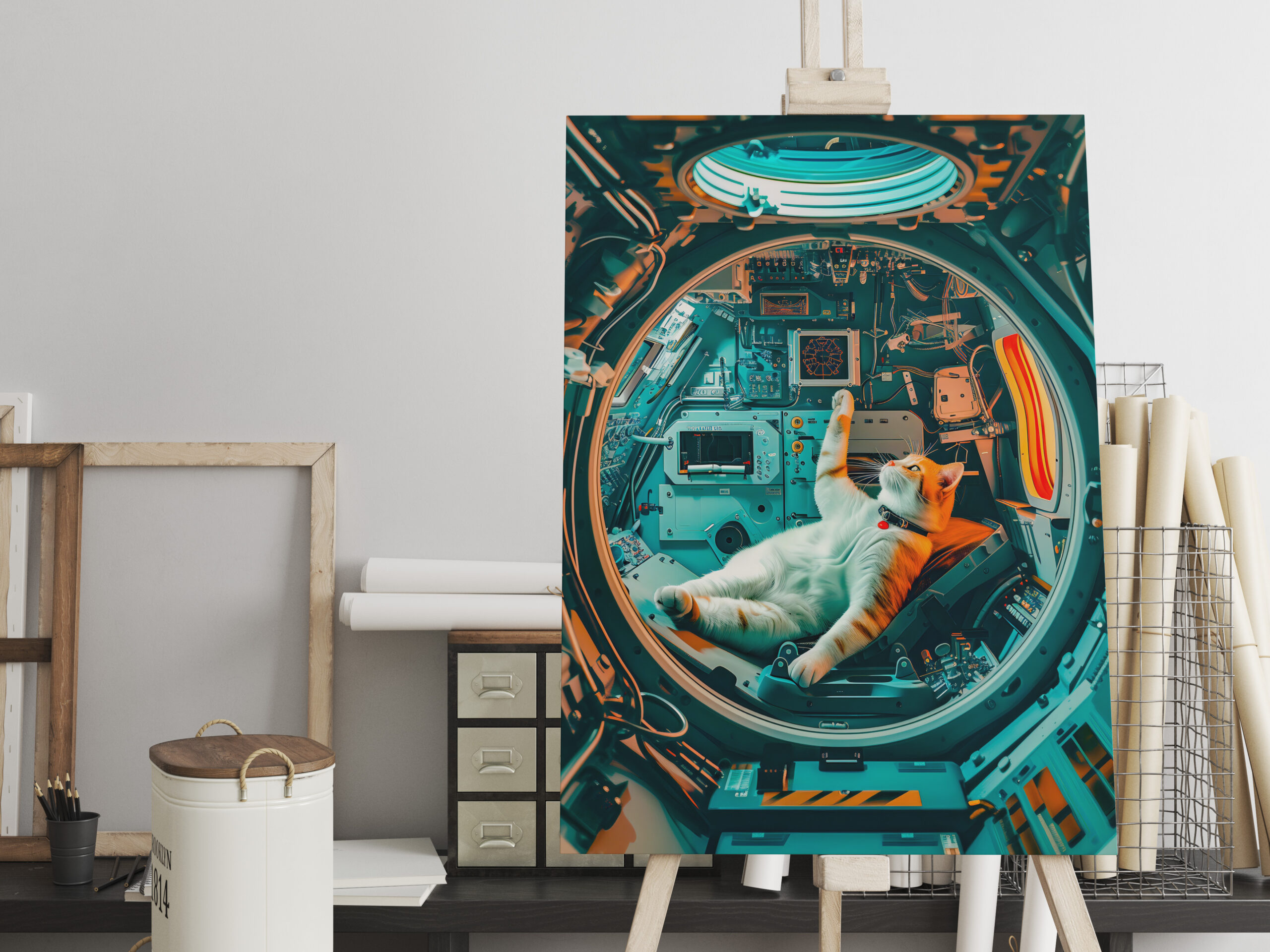 raxxa Canva: Orange and white cat in spacecraft cockpit