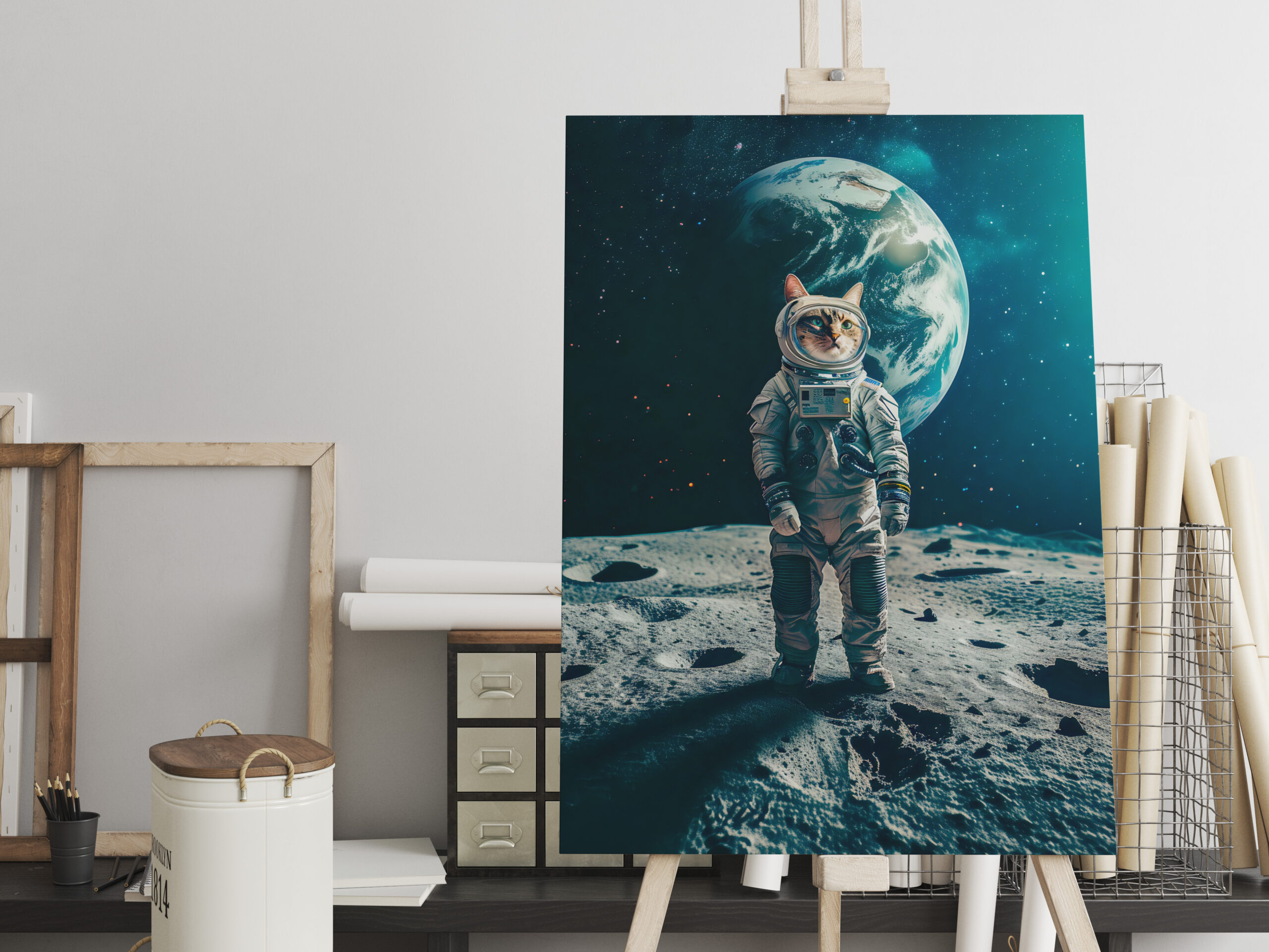 raxxa Canva: Astronaut Cat on a Mission walking on the moon