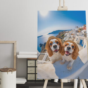 raxxa Canva: King Charles Cocker Spaniel Takes Selfies in Santorini Greece