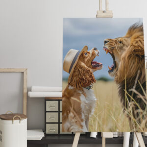 raxxa Canva: King Charles Cocker Spaniel Takes Selfies in africa with a Lion