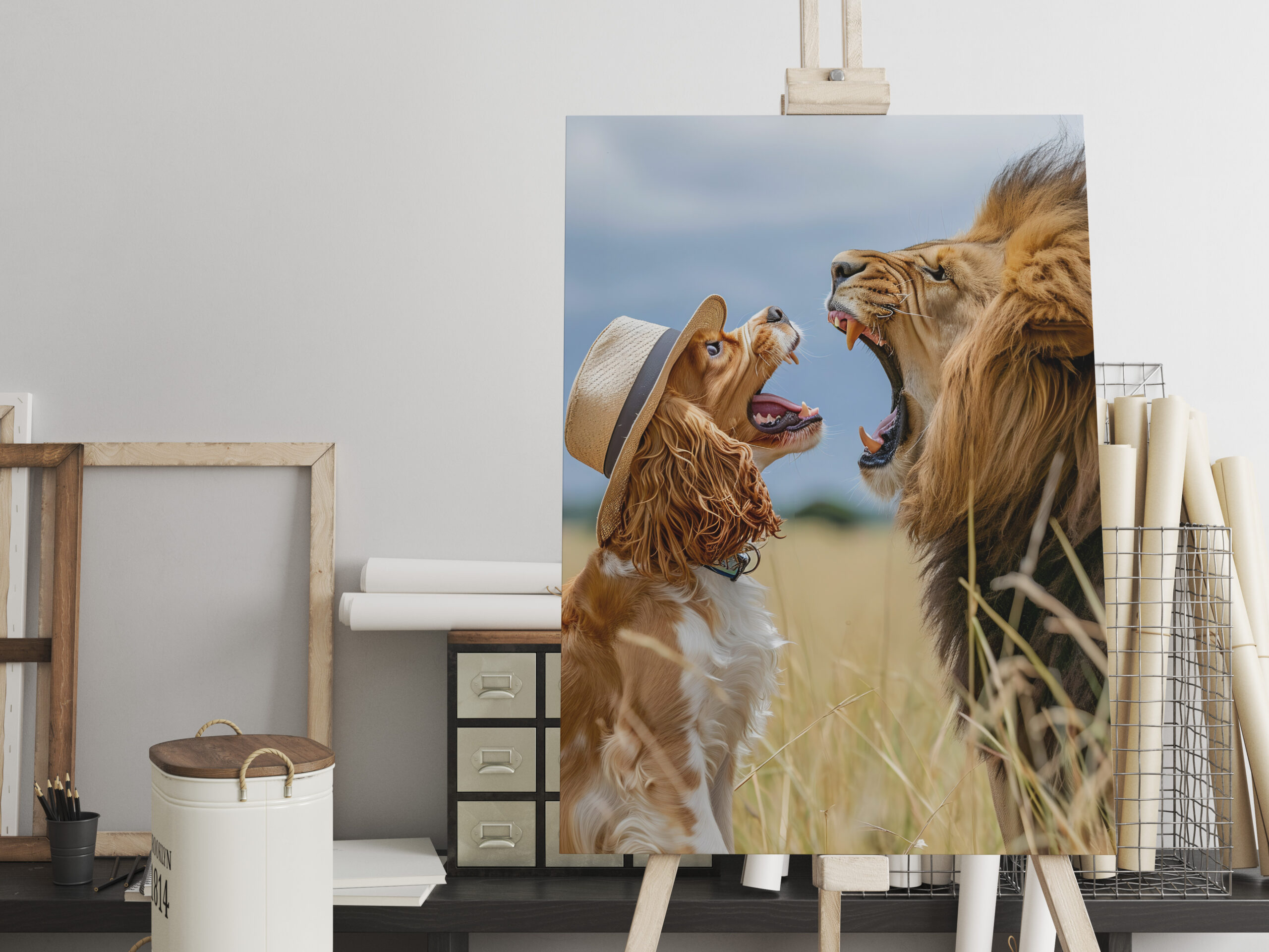 raxxa Canva: King Charles Cocker Spaniel Takes Selfies in africa with a Lion