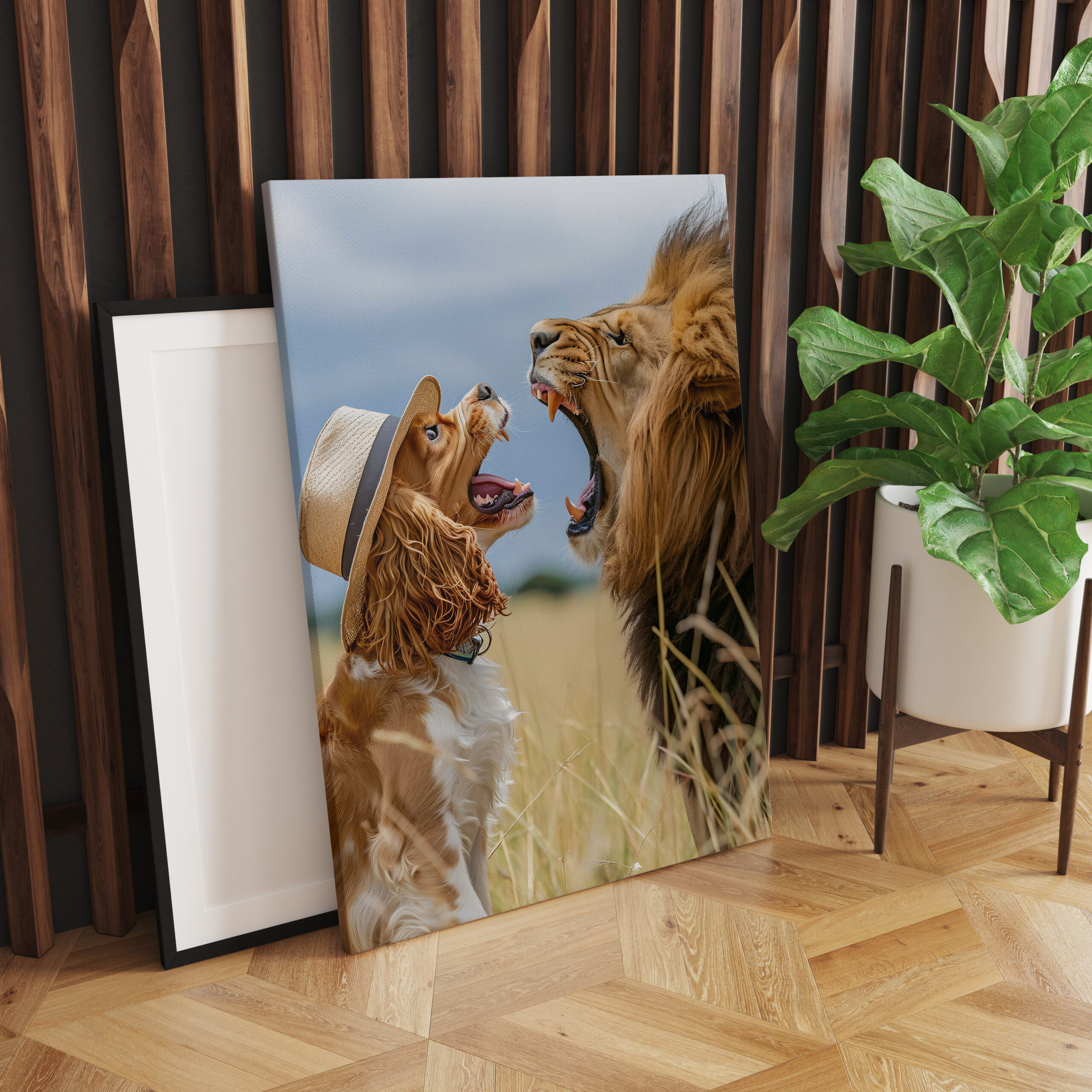 raxxa Canva: King Charles Cocker Spaniel Takes Selfies in africa with a Lion - immagine 2