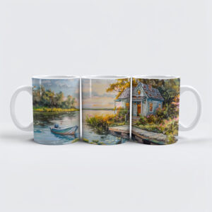 raxxa Premium-Tasse: Lakeside Fishing Cottage with Water Lilies