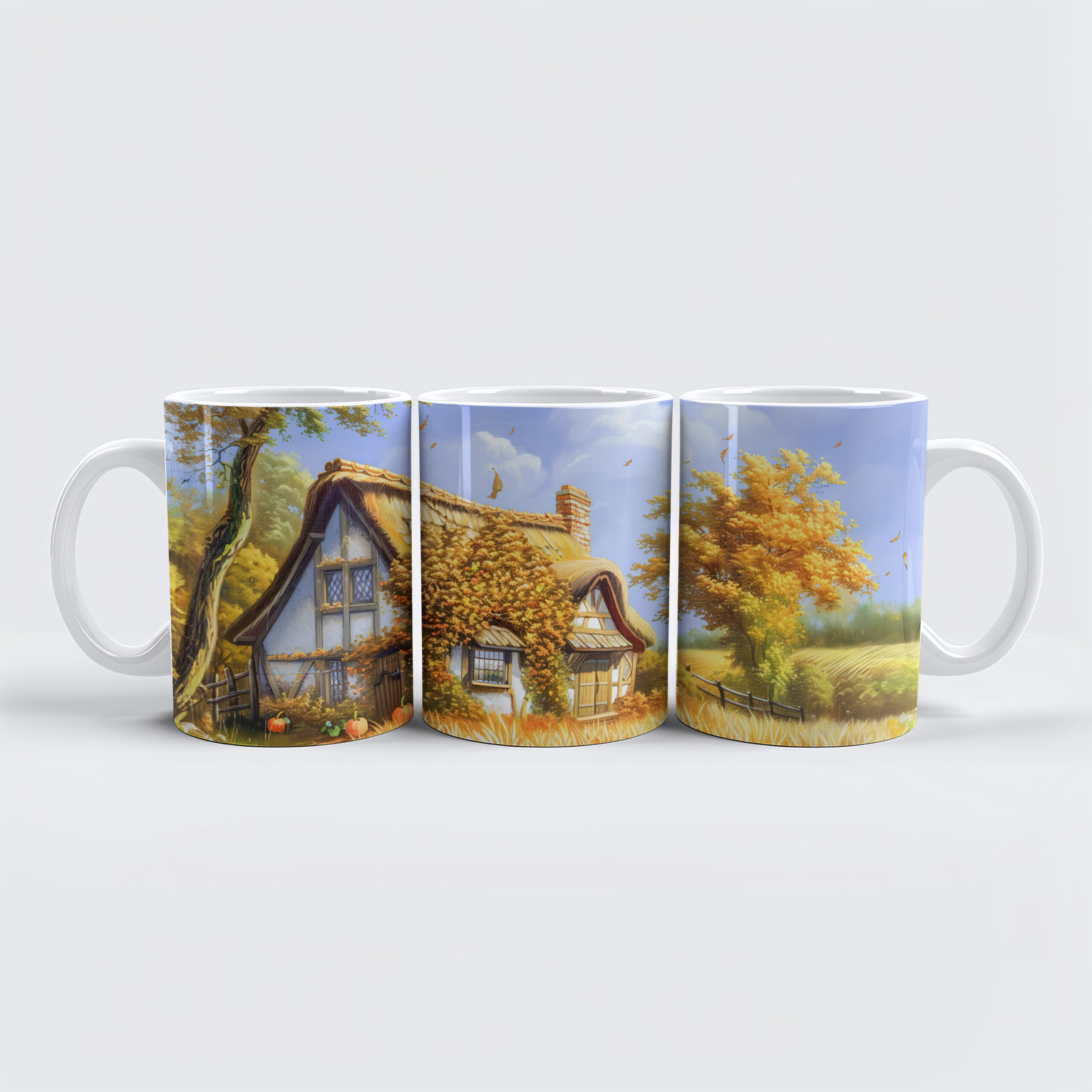 raxxa Premium-Tasse: Autumn Cottage by Wheat Field and Pumpkins