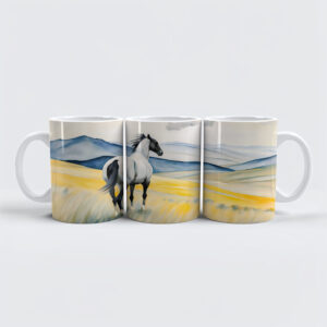 raxxa Premium-Tasse: White Horse Running in Sand, Dark Background