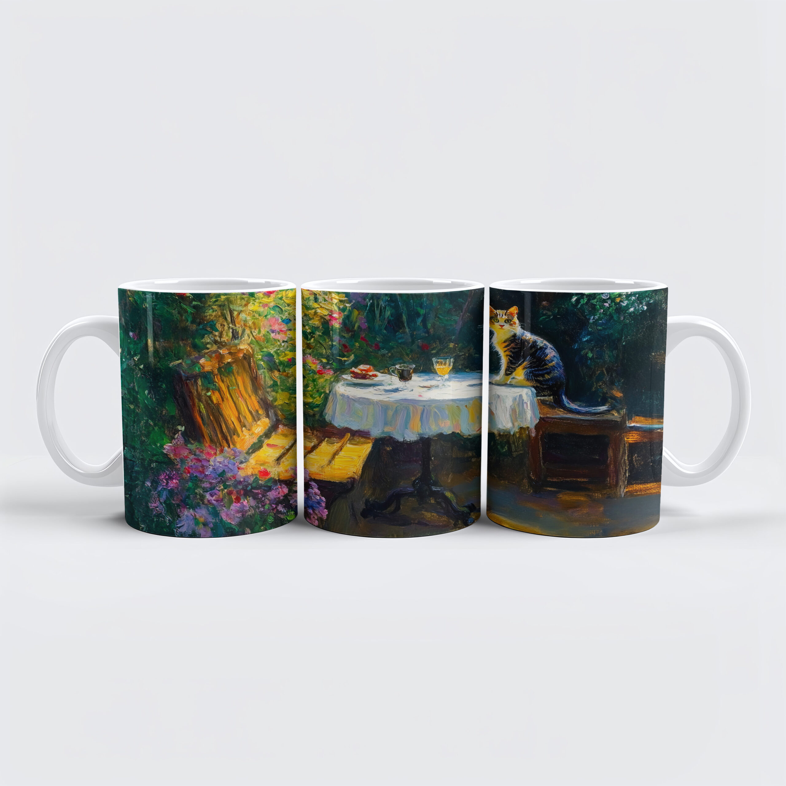 raxxa Premium-Tasse: Impressionistic Oil Painting of Cats Playing in Garden Corner