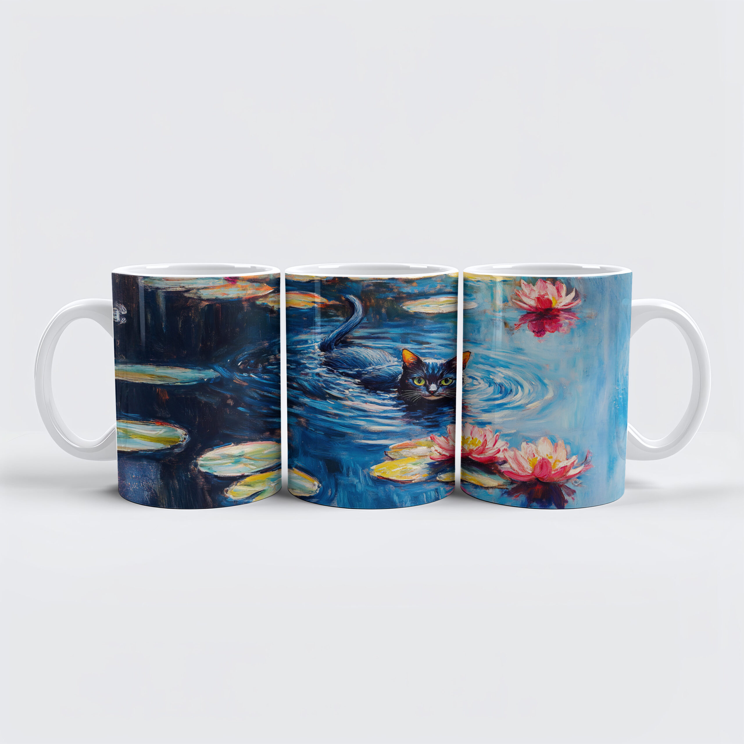 raxxa Premium-Tasse: Impressionistic Oil Painting of Black Cat in Lily Pond