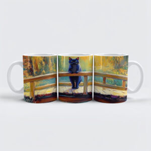 raxxa Premium-Tasse: Impressionistic Oil Painting of Black Cat on Wooden Pier by Pond