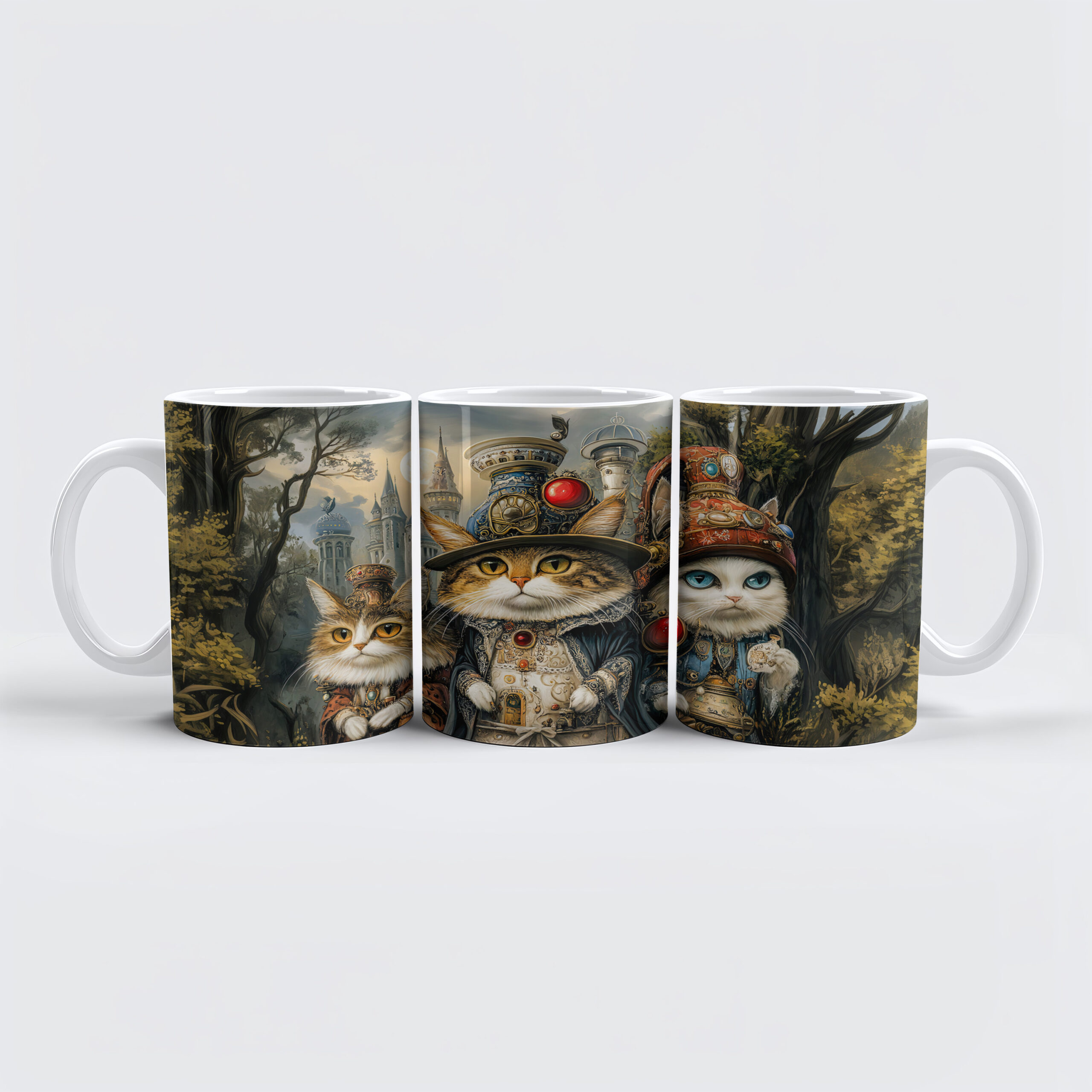 raxxa Premium-Tasse: Three Cats in Steampunk Fantasy Forest