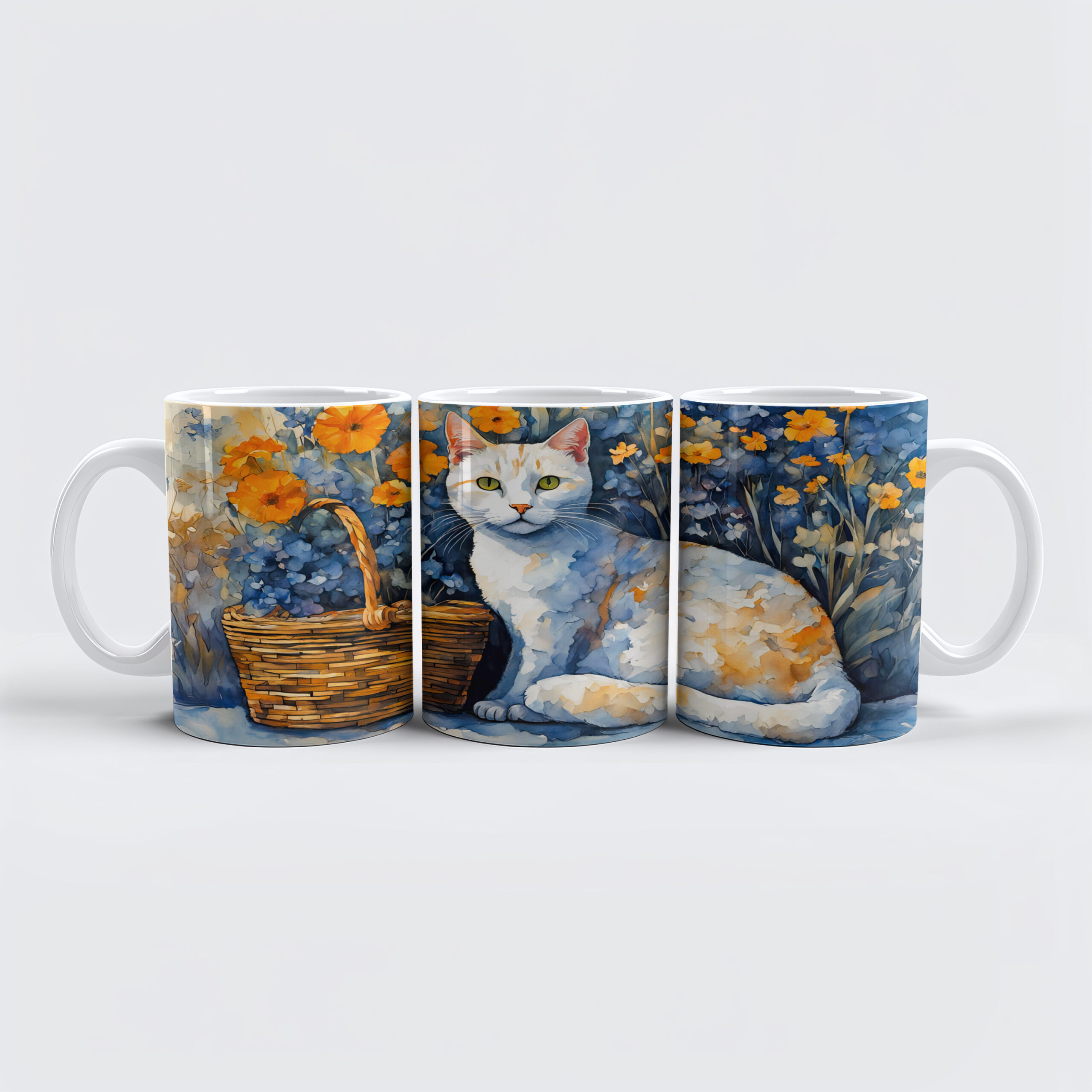 raxxa Premium-Tasse: Watercolor White Cat in Flower Basket