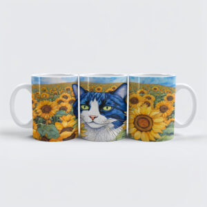 raxxa Premium-Tasse: Watercolor Blue-Eyed Cat in Sunflowers