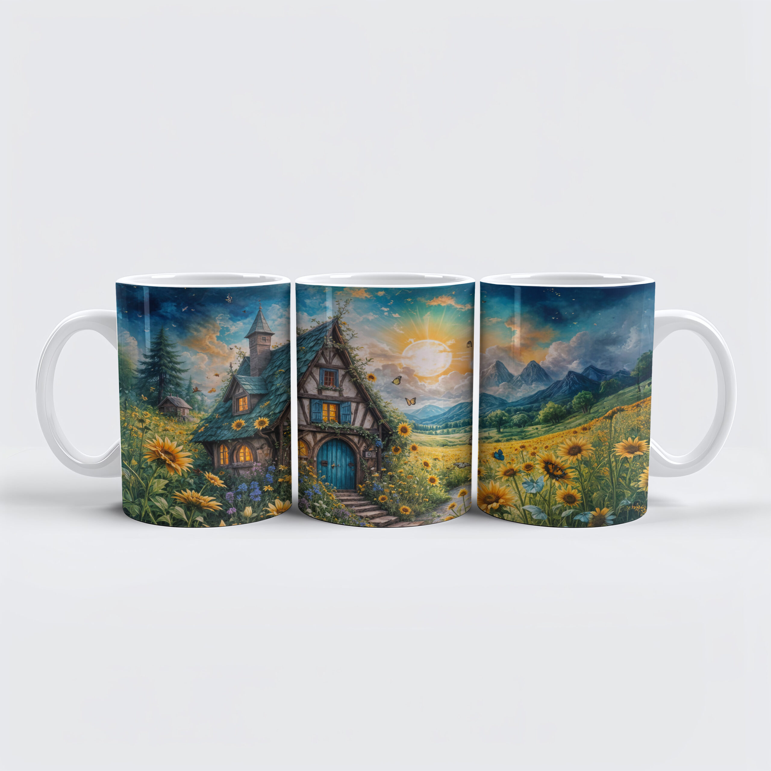 raxxa Premium-Tasse: Magical Cottage with Sunflower Field