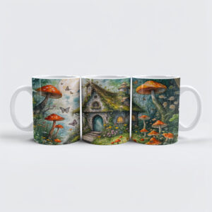 raxxa Premium-Tasse: Whimsical Cottage by Stream with Giant Red Mushrooms