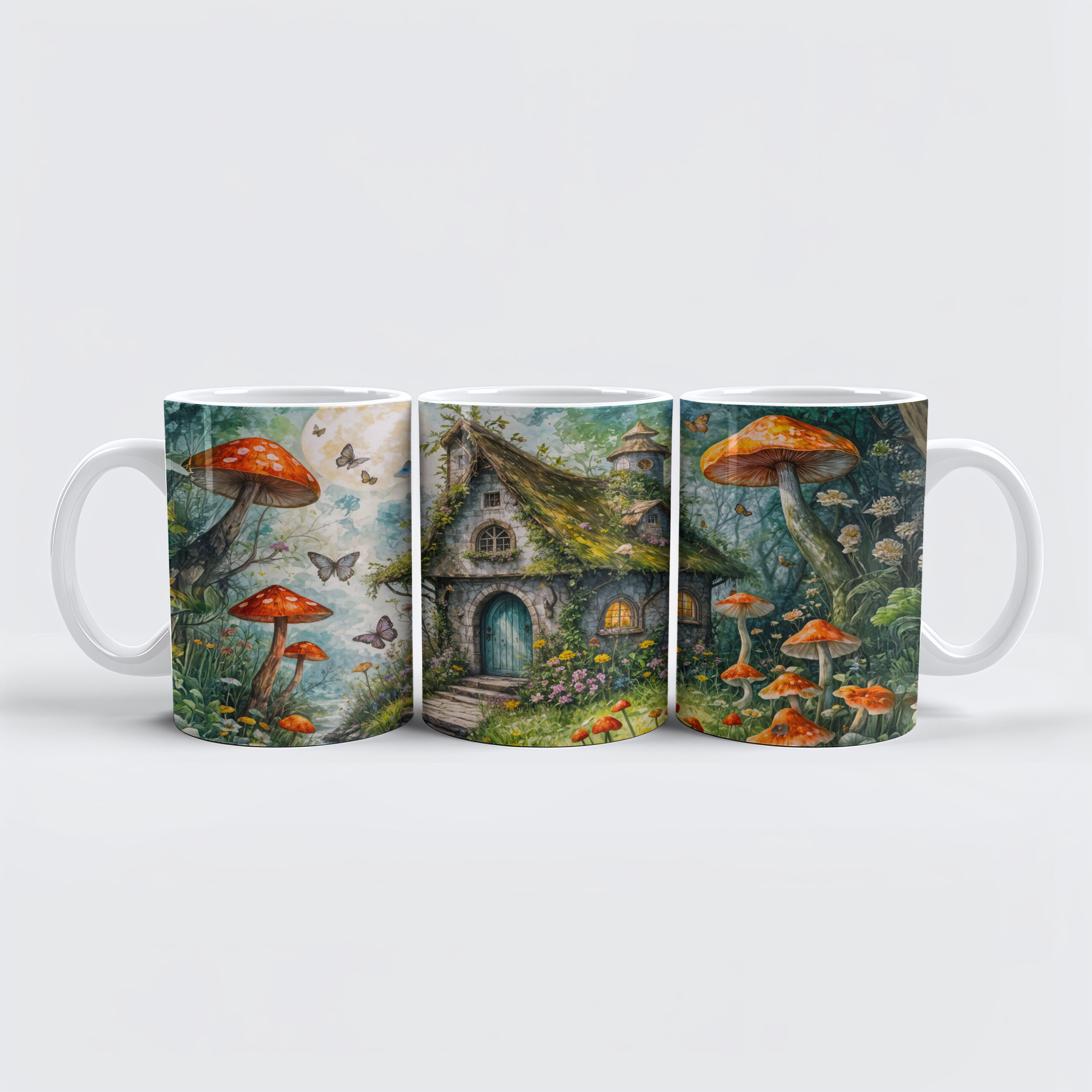 raxxa Premium-Tasse: Whimsical Cottage by Stream with Giant Red Mushrooms