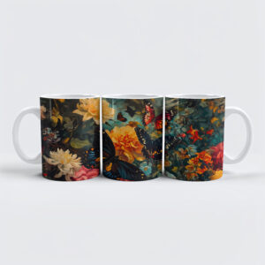 raxxa Premium-Tasse: Butterflies with Dahlias and Roses Garden Illustration