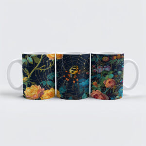 raxxa Premium-Tasse: Wasp Spider in a Web Between Rose Hedge Illustration