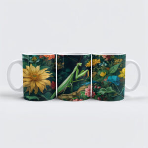 raxxa Premium-Tasse: Praying Mantis with Dahlias and Other Garden Blooms Illustration