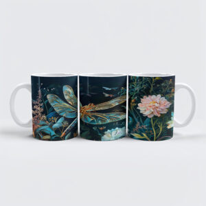 raxxa Premium-Tasse: Dragonfly at Night in a Garden with Peonies and Grasses Illustration