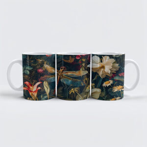 raxxa Premium-Tasse: Dragonfly in a Garden with Daisies and Lilies Illustration