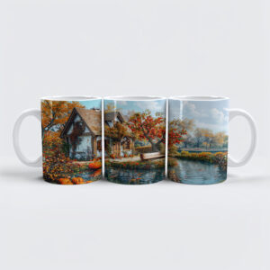 raxxa Premium-Tasse: Cozy Lakeside Cottage in Autumn Illustration