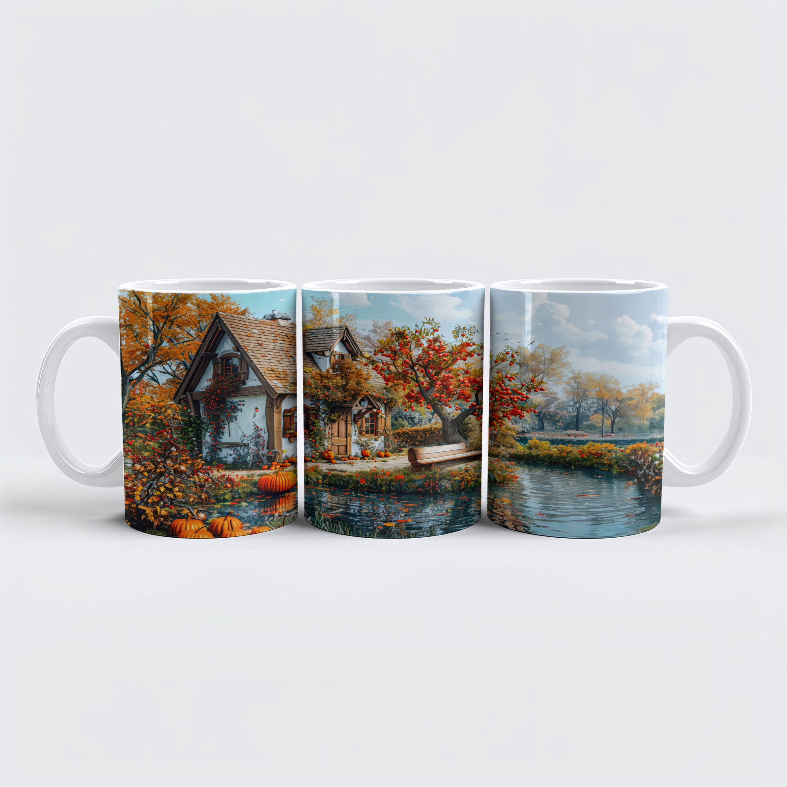 raxxa Premium-Tasse: Cozy Lakeside Cottage in Autumn Illustration