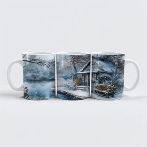 raxxa Premium-Tasse: Old Mill by Frosty River in Winter Illustration