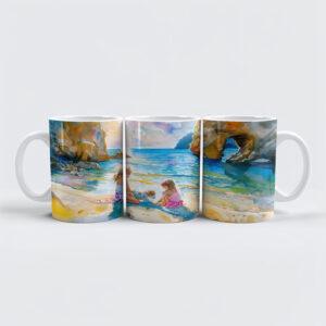raxxa Premium-Tasse: Girls playing by seaside rock arch watercolor