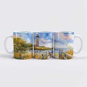 raxxa Premium-Tasse: Lighthouse trail with child and dog watercolor