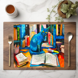 raxxa Premium-Tischset: Cat sitting Among Open Books on table