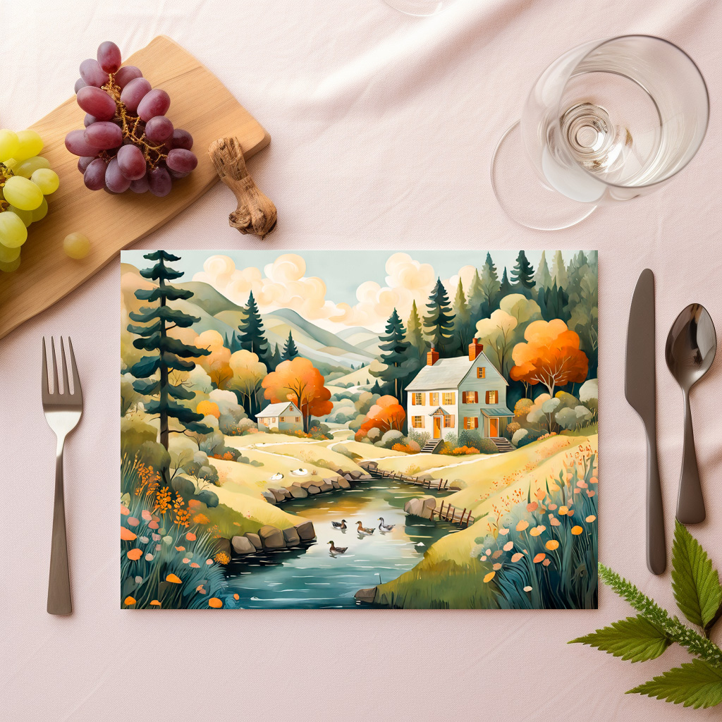raxxa Premium-Tischset: Autumn House by the Pond with Ducks - Image 2