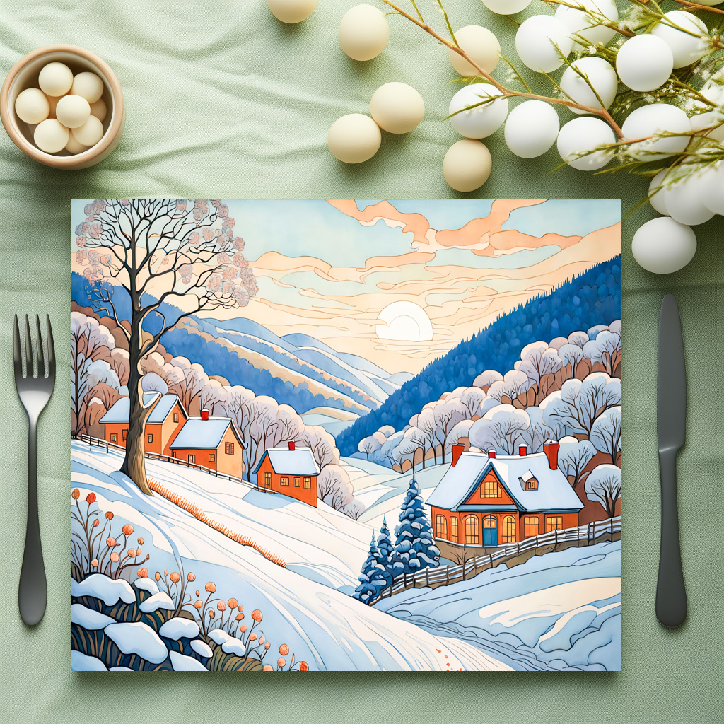 raxxa Premium-Tischset: Winter Mountain Village in Morning Sun - immagine 3