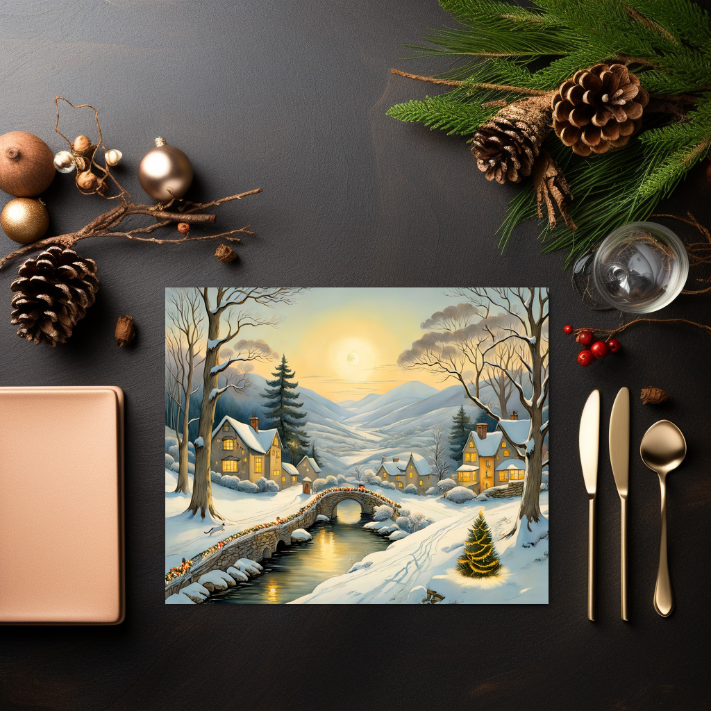 raxxa Premium-Tischset: Idyllic Christmas Village with River and Bridge - Image 3