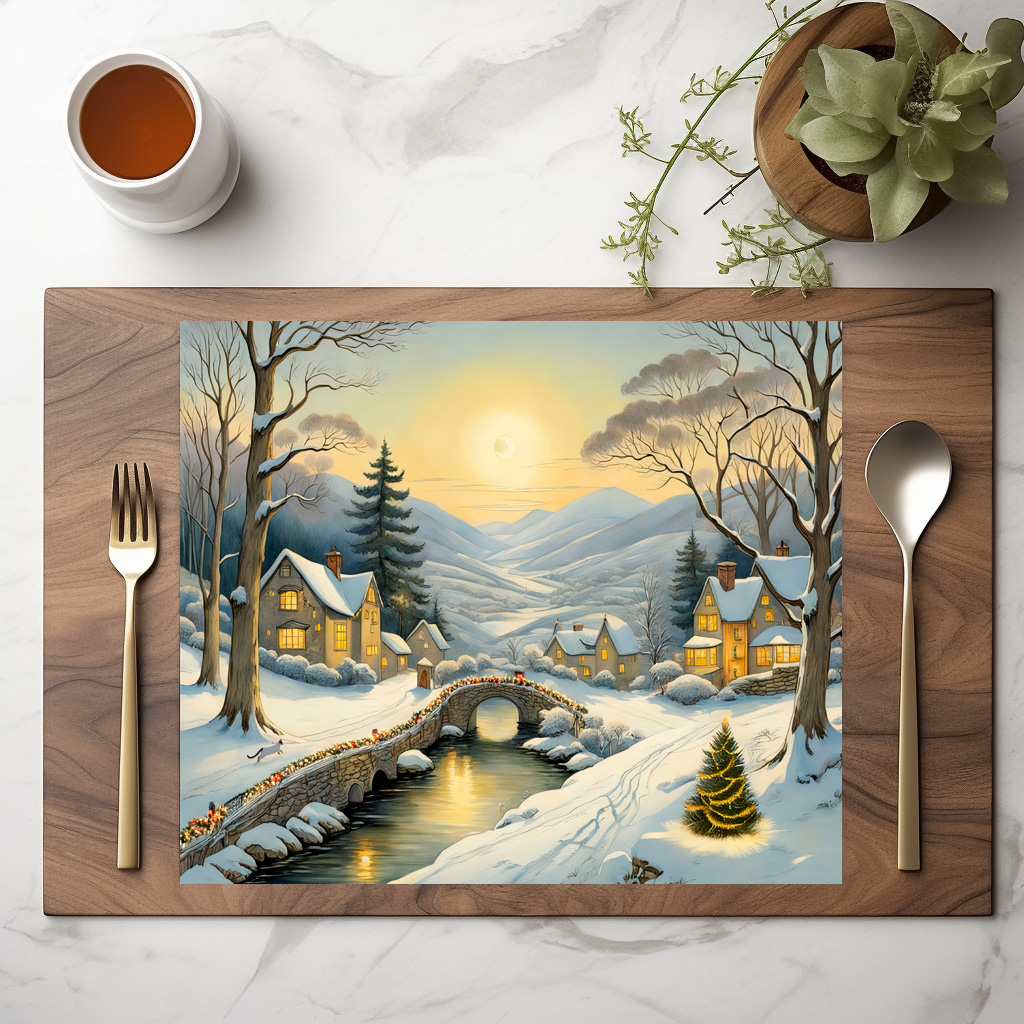 raxxa Premium-Tischset: Idyllic Christmas Village with River and Bridge