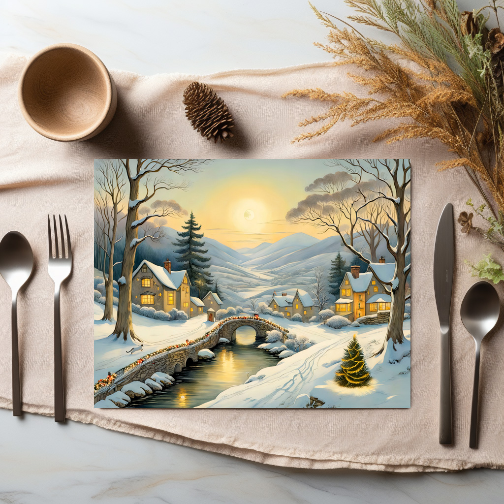 raxxa Premium-Tischset: Idyllic Christmas Village with River and Bridge - Image 2