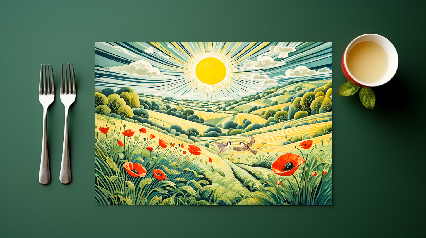 raxxa Premium-Tischset: Path Through Poppy Field with Flying Sparrows - Image 3