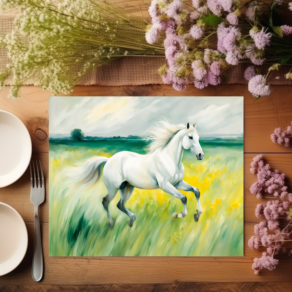 raxxa Premium-Tischset: White Horse Running Across Meadow - Image 2