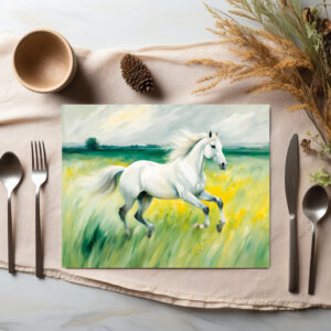 raxxa Premium-Tischset: White Horse Running Across Meadow