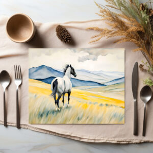 raxxa Premium-Tischset: White Horse Running in Sand, Dark Background