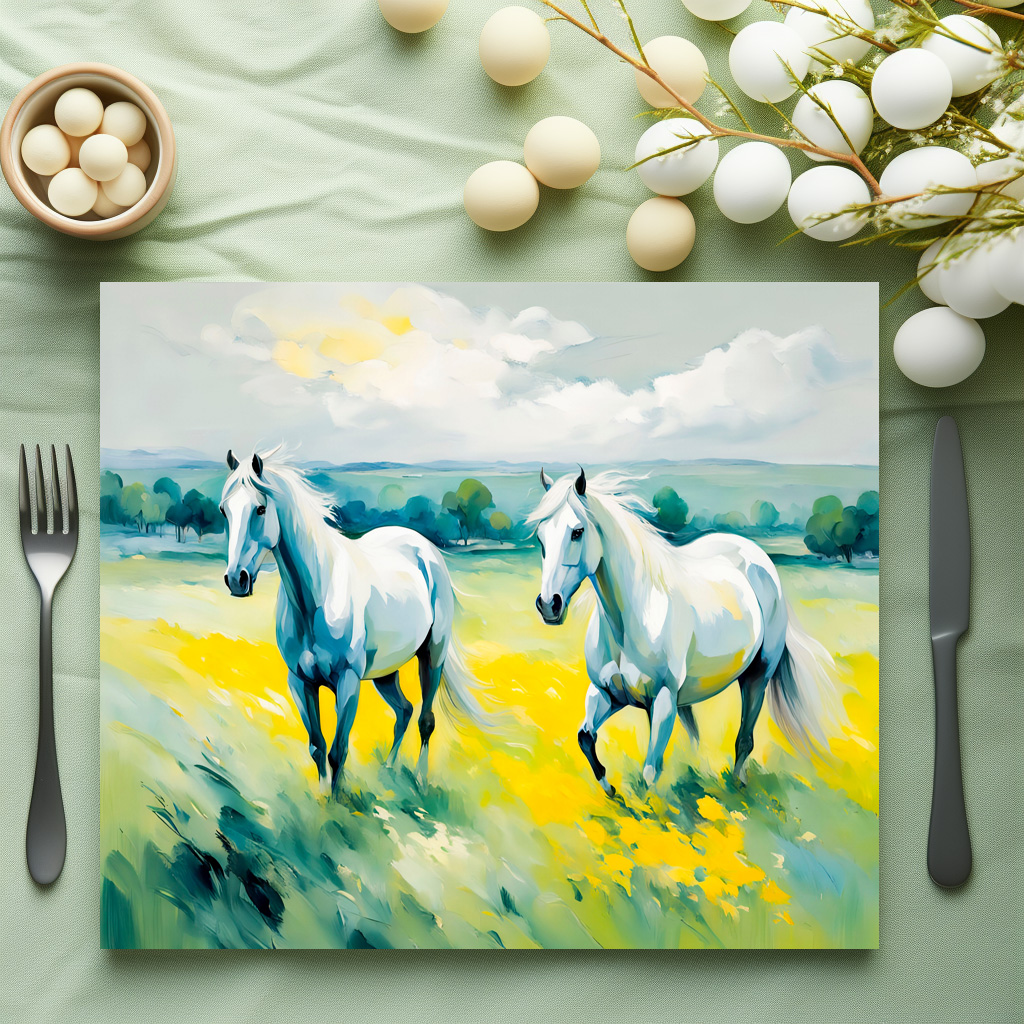 raxxa Premium-Tischset: Two White Horses Running Through Yellow Flowers - Image 2