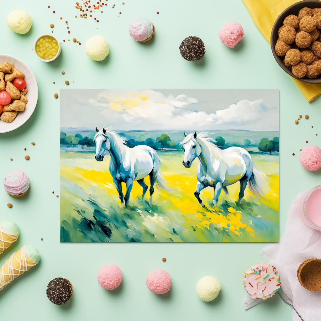 raxxa Premium-Tischset: Two White Horses Running Through Yellow Flowers - Image 3