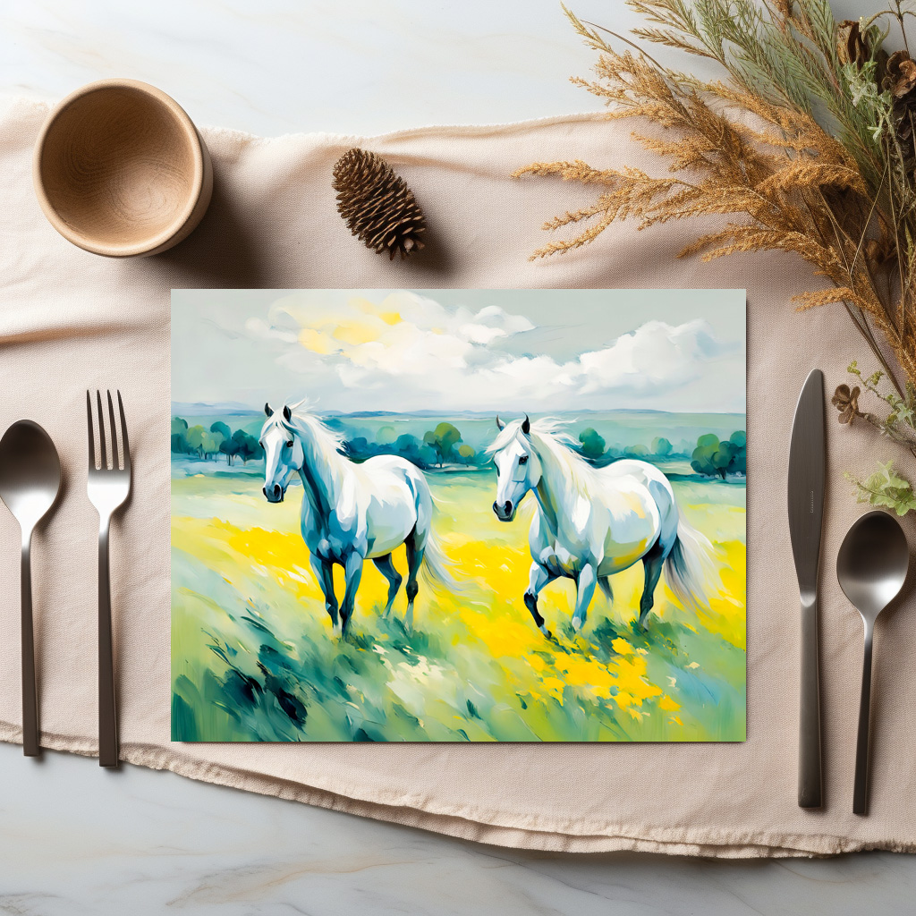raxxa Premium-Tischset: Two White Horses Running Through Yellow Flowers